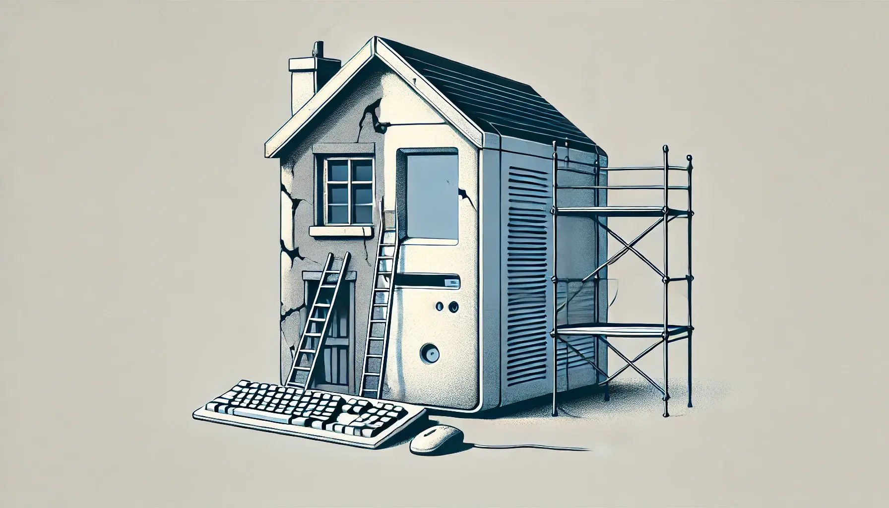 DALL·E 2024-11-26 14.31.49 - A highly minimalist illustration of a computer being renovated like a house. The computer is depicted with one side old and broken, represented by sim